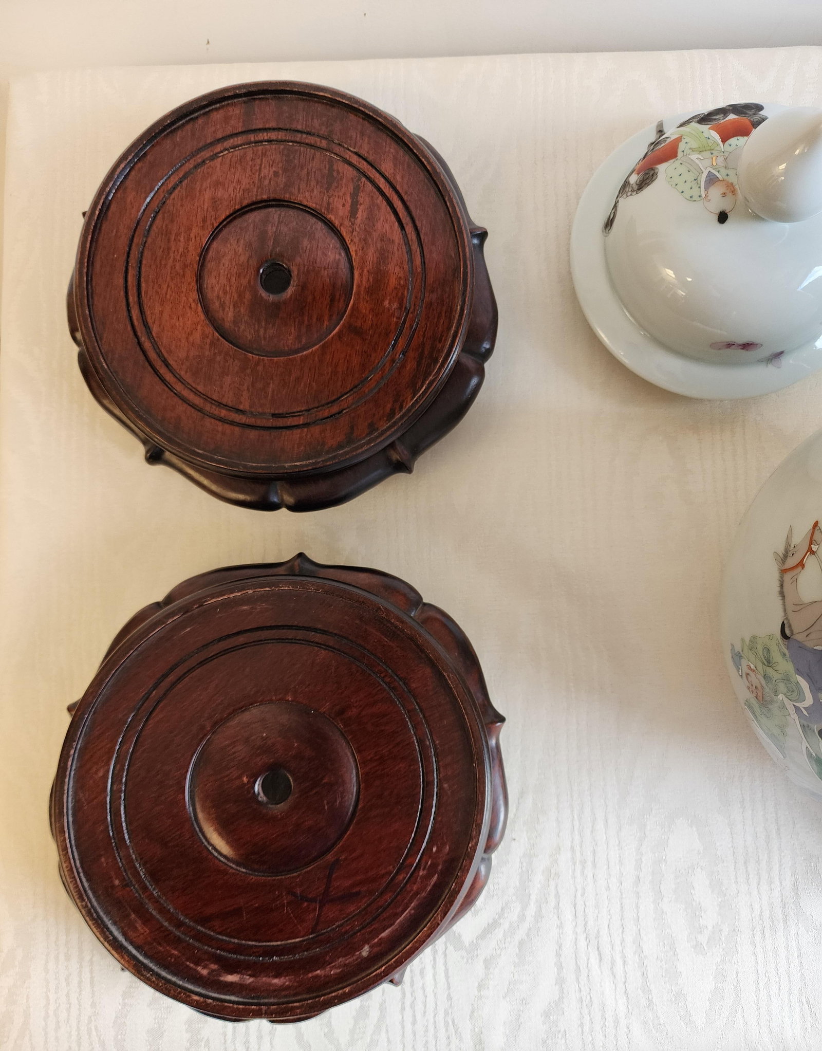 Antique Famile Rose Porcelain Baluster Urns With Carved Wooden Stands - A Pair - 15