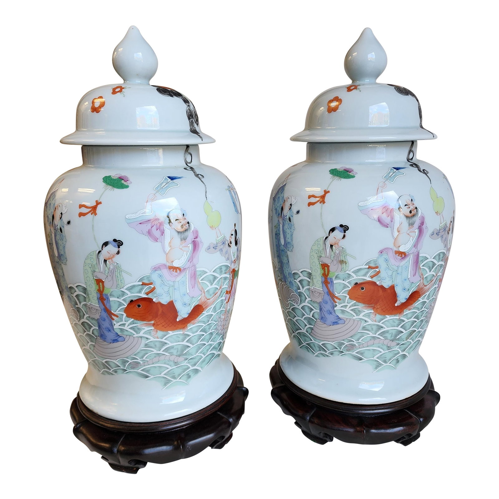Antique Famile Rose Porcelain Baluster Urns With Carved Wooden Stands - A Pair: This Pair of Antique Famile Rose Chinese Urns are absolutely exceptional. The urns are from a Gold Coast estate in Locust Valley N.Y. and make a beautiful display on a mantle, sideboard or any other p