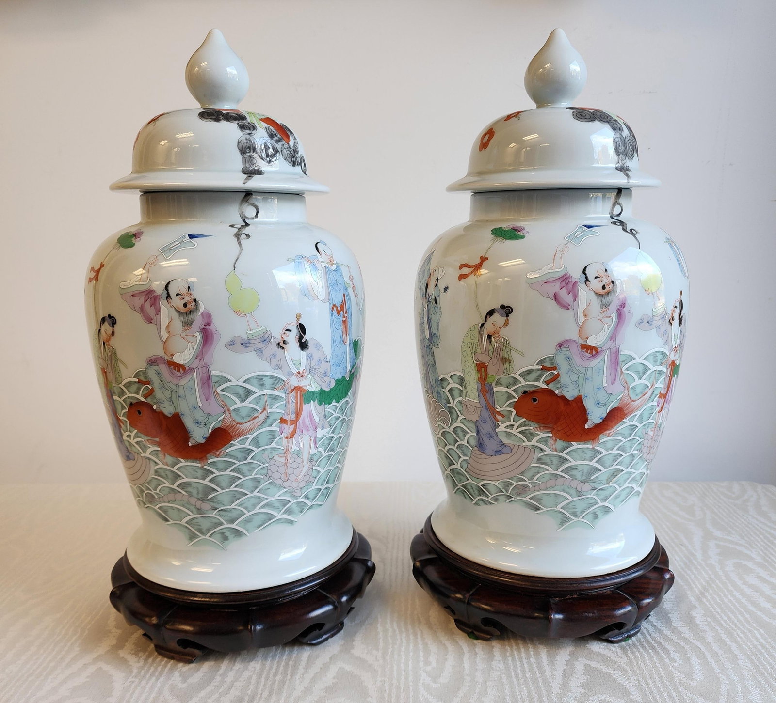 Antique Famile Rose Porcelain Baluster Urns With Carved Wooden Stands - A Pair - 2