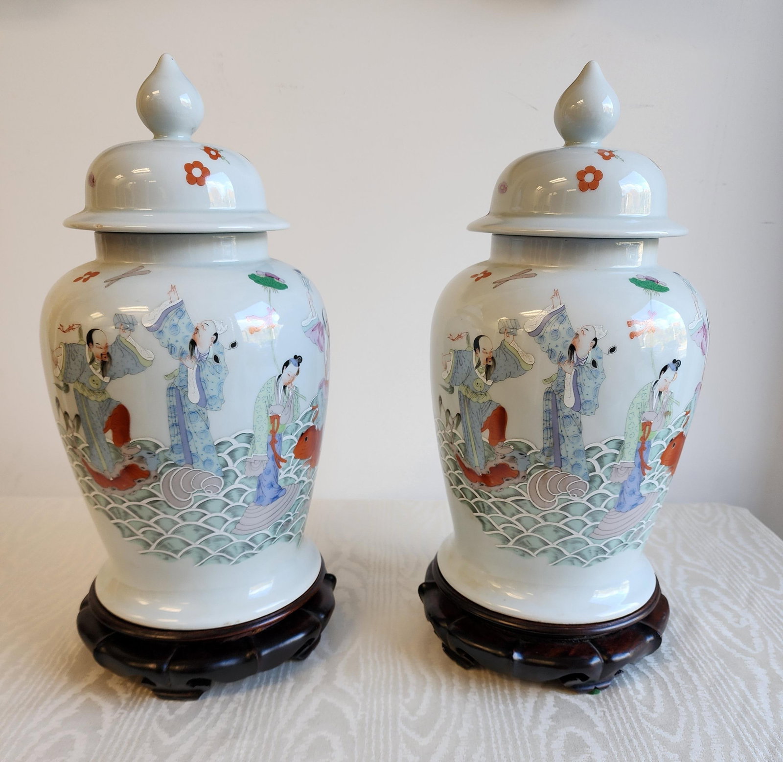 Antique Famile Rose Porcelain Baluster Urns With Carved Wooden Stands - A Pair - 3