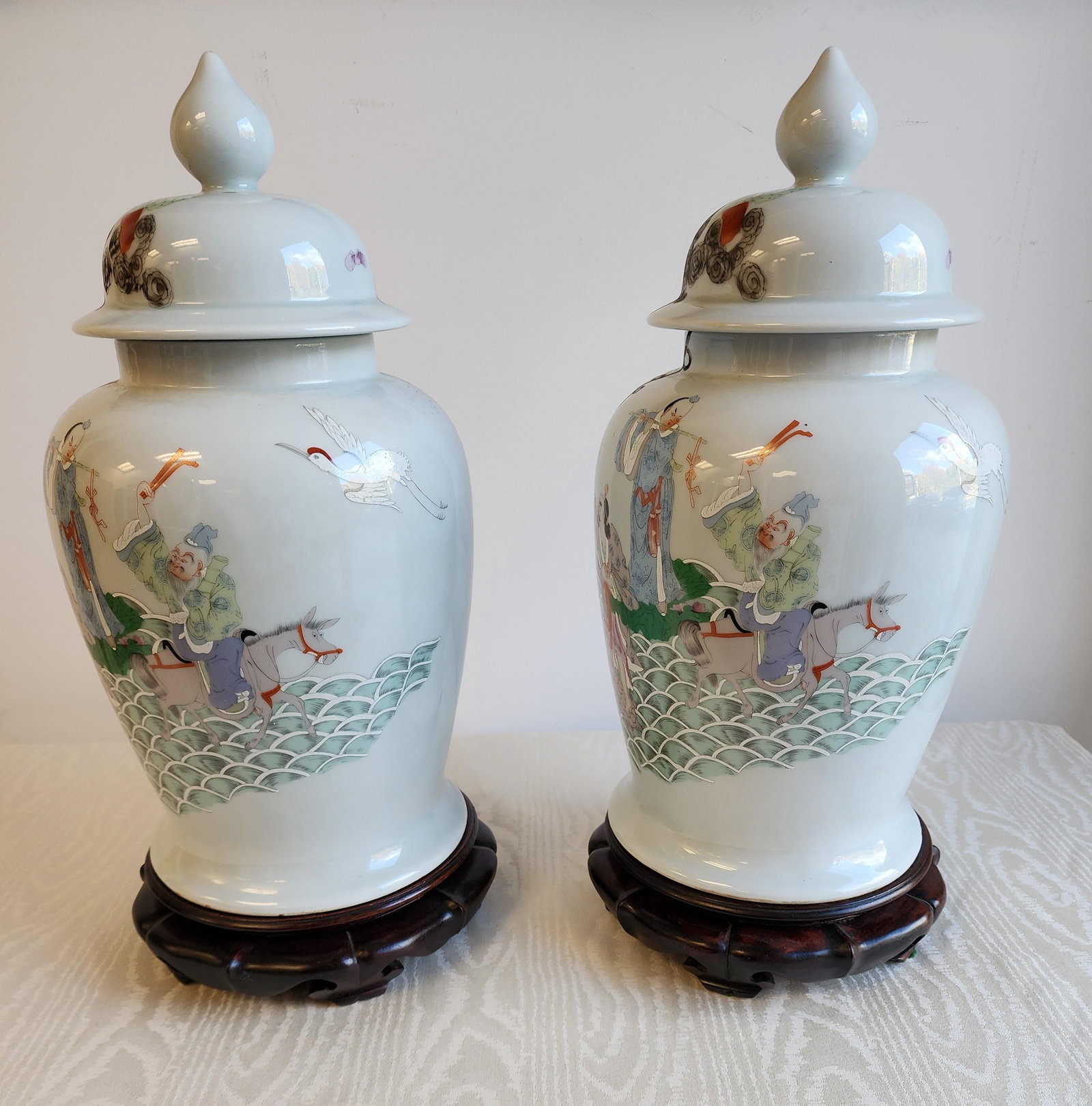 Antique Famile Rose Porcelain Baluster Urns With Carved Wooden Stands - A Pair - 4