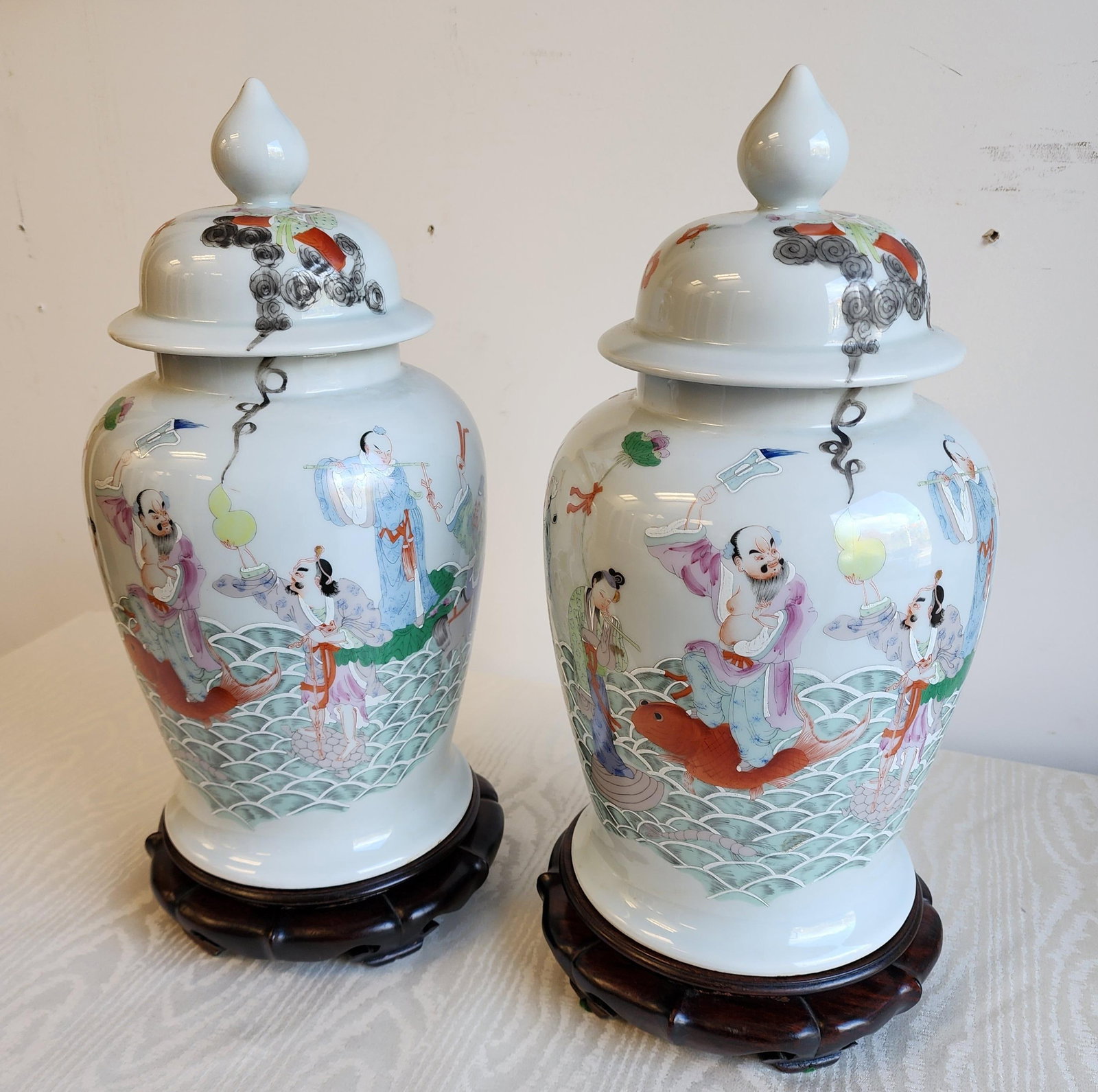 Antique Famile Rose Porcelain Baluster Urns With Carved Wooden Stands - A Pair - 5