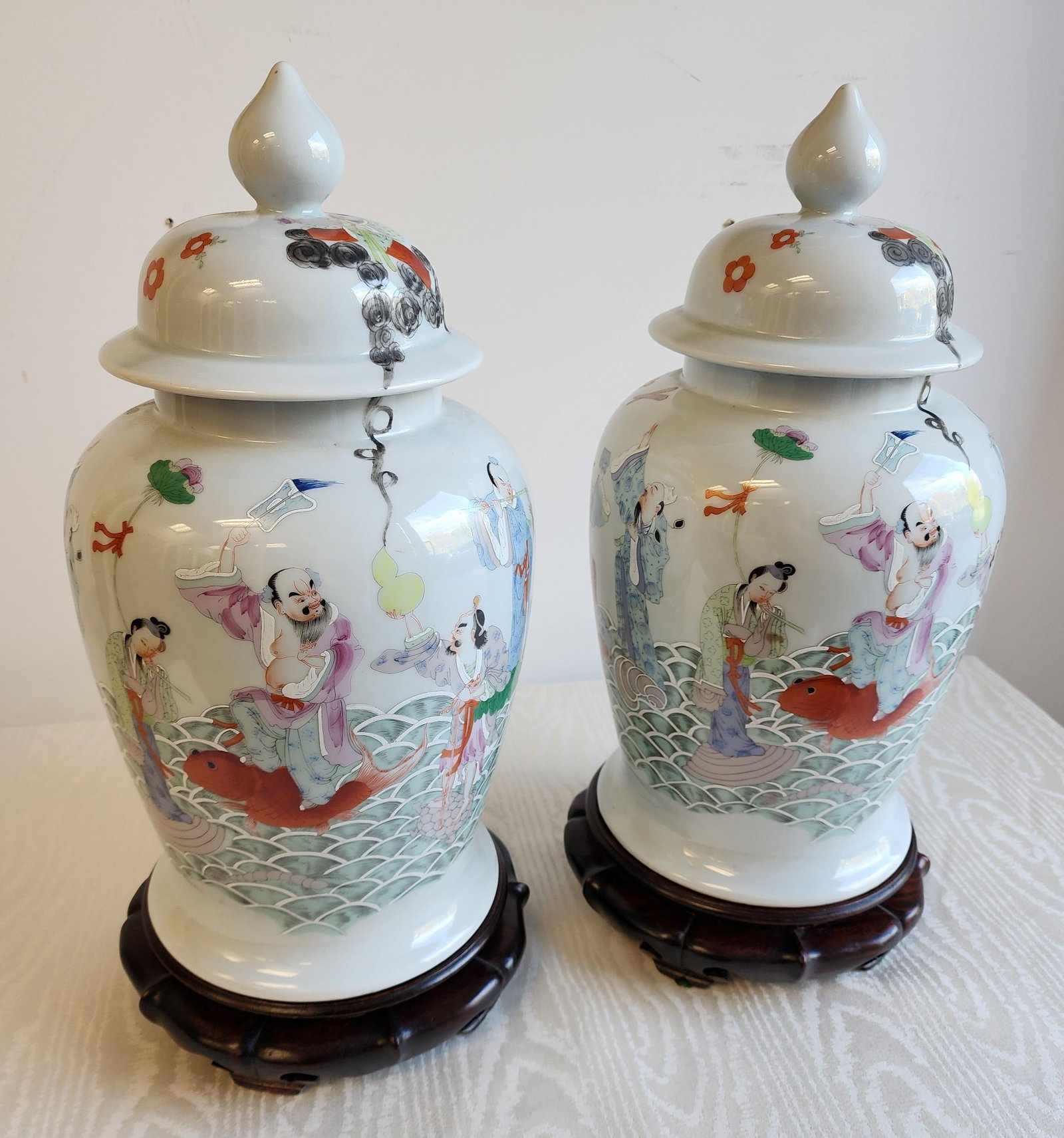 Antique Famile Rose Porcelain Baluster Urns With Carved Wooden Stands - A Pair - 6