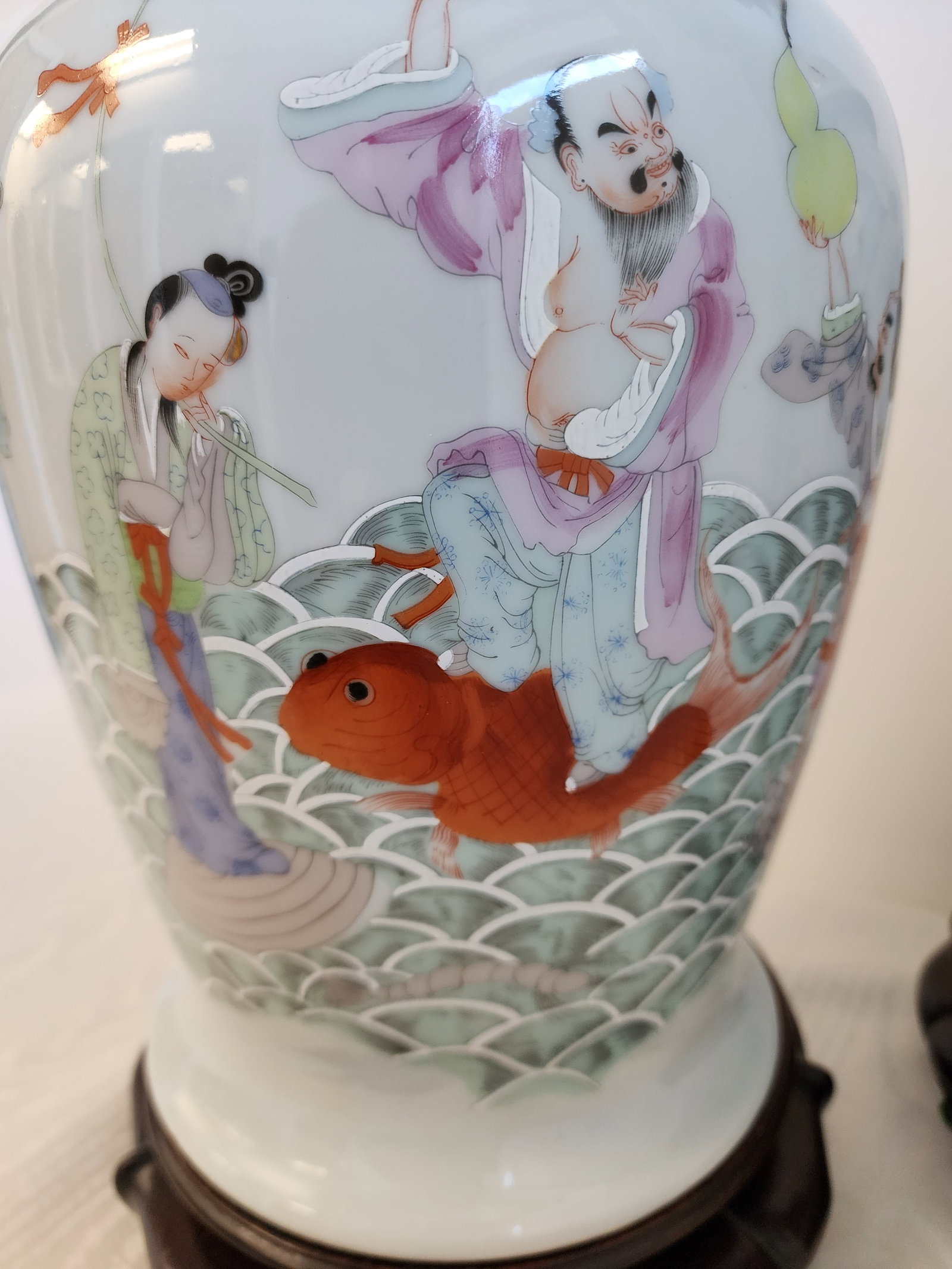 Antique Famile Rose Porcelain Baluster Urns With Carved Wooden Stands - A Pair - 7