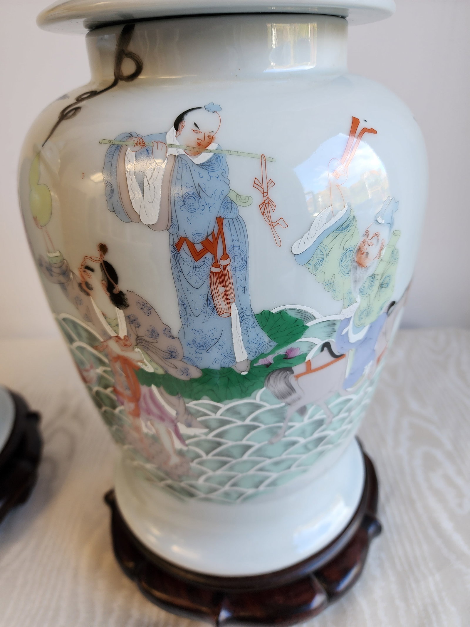 Antique Famile Rose Porcelain Baluster Urns With Carved Wooden Stands - A Pair - 9