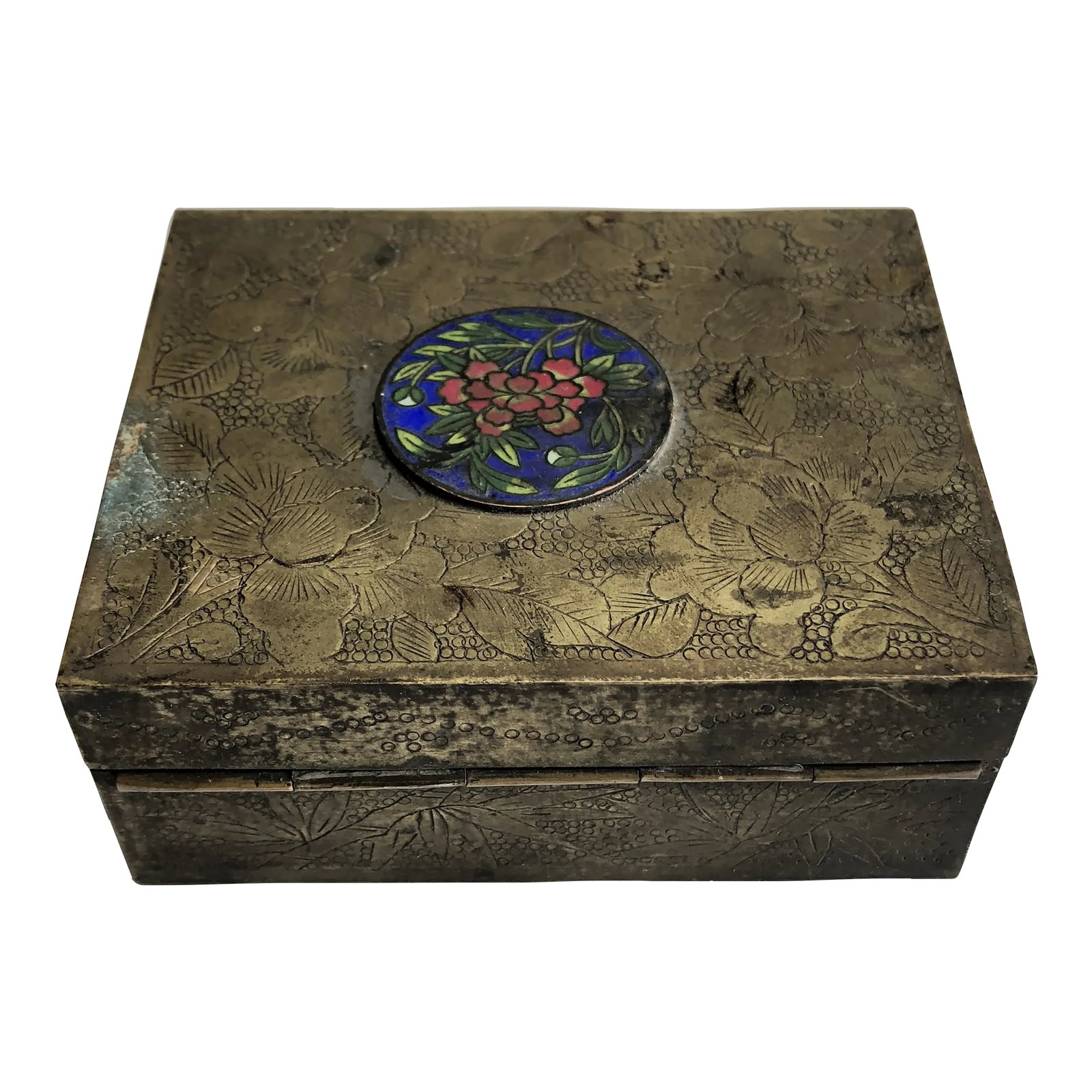 19th Century Antique Brass Cigarette Box: Brass Victorian styled lidded box with enameled flower decoration and stamped foliate design. Small, simple and a perfect example of a decorative charm. Perfect for jewelry storage, cigars, cards or o