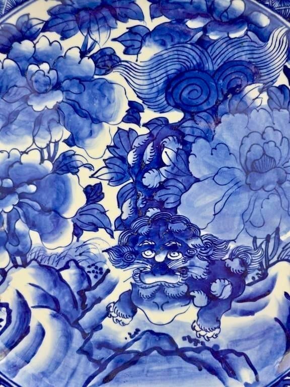 Antique Japanese Arita Blue White Charger Plate Foo Dog Lion Peony-19''-Asian - 6
