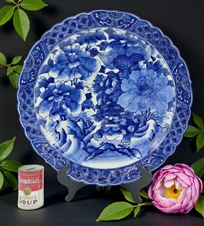 Antique Japanese Arita Blue White Charger Plate Foo Dog Lion Peony-19''-Asian - 7