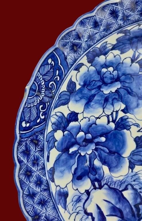 Antique Japanese Arita Blue White Charger Plate Foo Dog Lion Peony-19''-Asian - 8