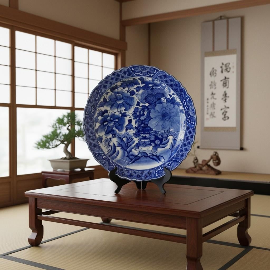 Antique Japanese Arita Blue White Charger Plate Foo Dog Lion Peony-19''-Asian - 9