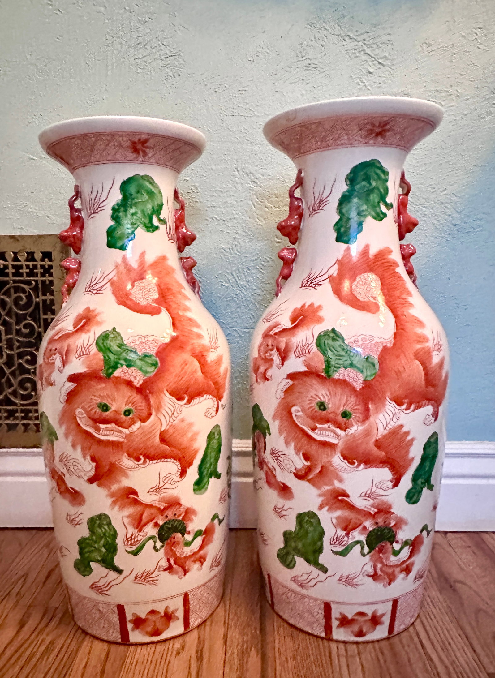 Vintage 24" Hand Painted Chinese Porcelain Jars With Foo Dogs and Inscriptions, a Pair - 13