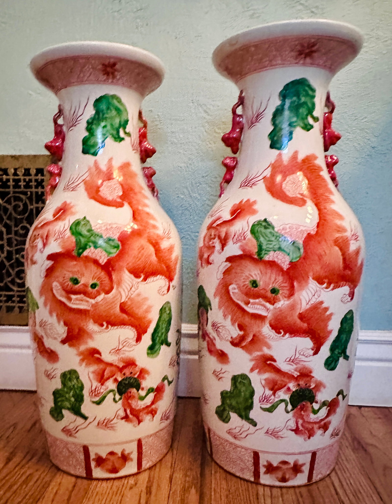 Vintage 24" Hand Painted Chinese Porcelain Jars With Foo Dogs and Inscriptions, a Pair - 17