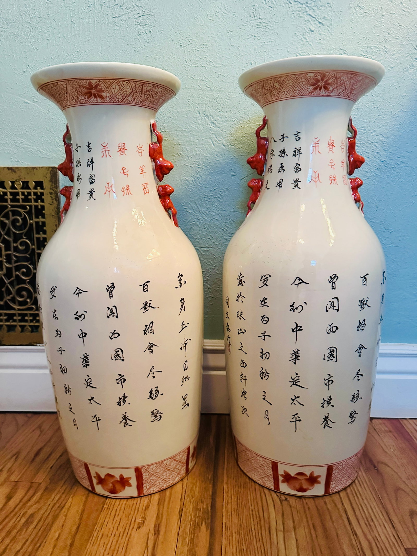 Vintage 24" Hand Painted Chinese Porcelain Jars With Foo Dogs and Inscriptions, a Pair - 18