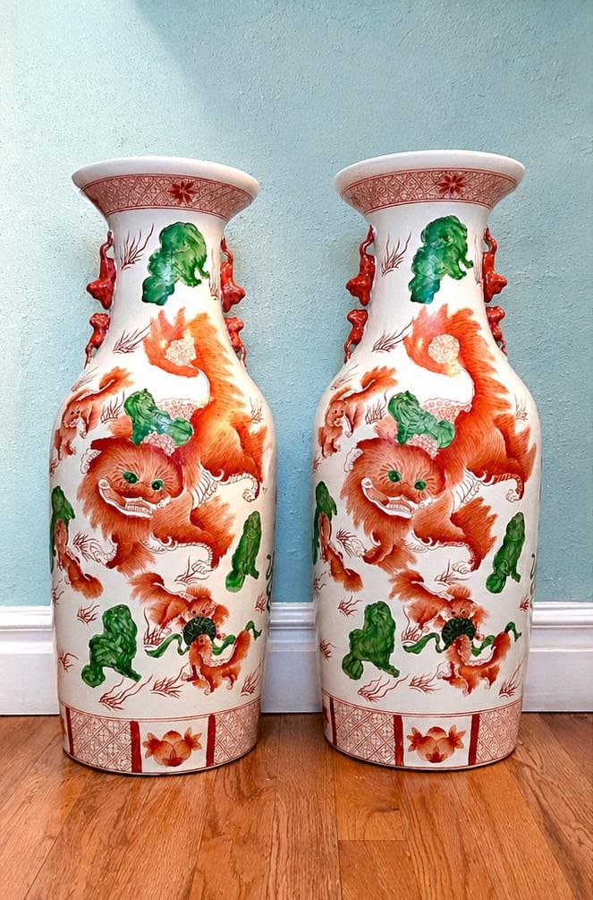 Vintage 24" Hand Painted Chinese Porcelain Jars With Foo Dogs and Inscriptions, a Pair - 2