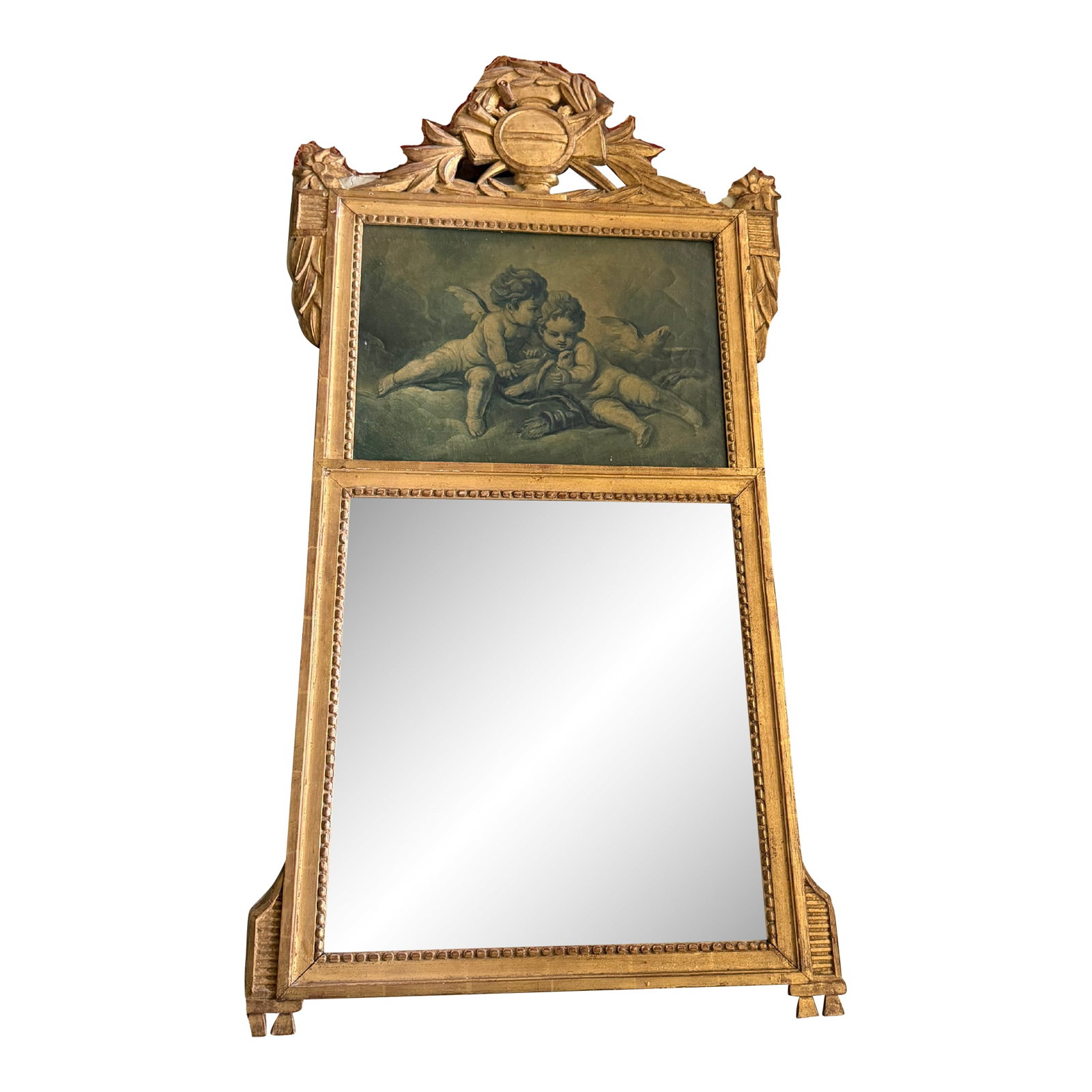 19th Century French Louis XVI Trumeau Mirror With Cherub Panel: Elegant 19th-century French Louis XVI-style trumeau mirror featuring a richly carved giltwood frame. The upper panel showcases a classical cherub scene, adding softness and historic charm, while the
