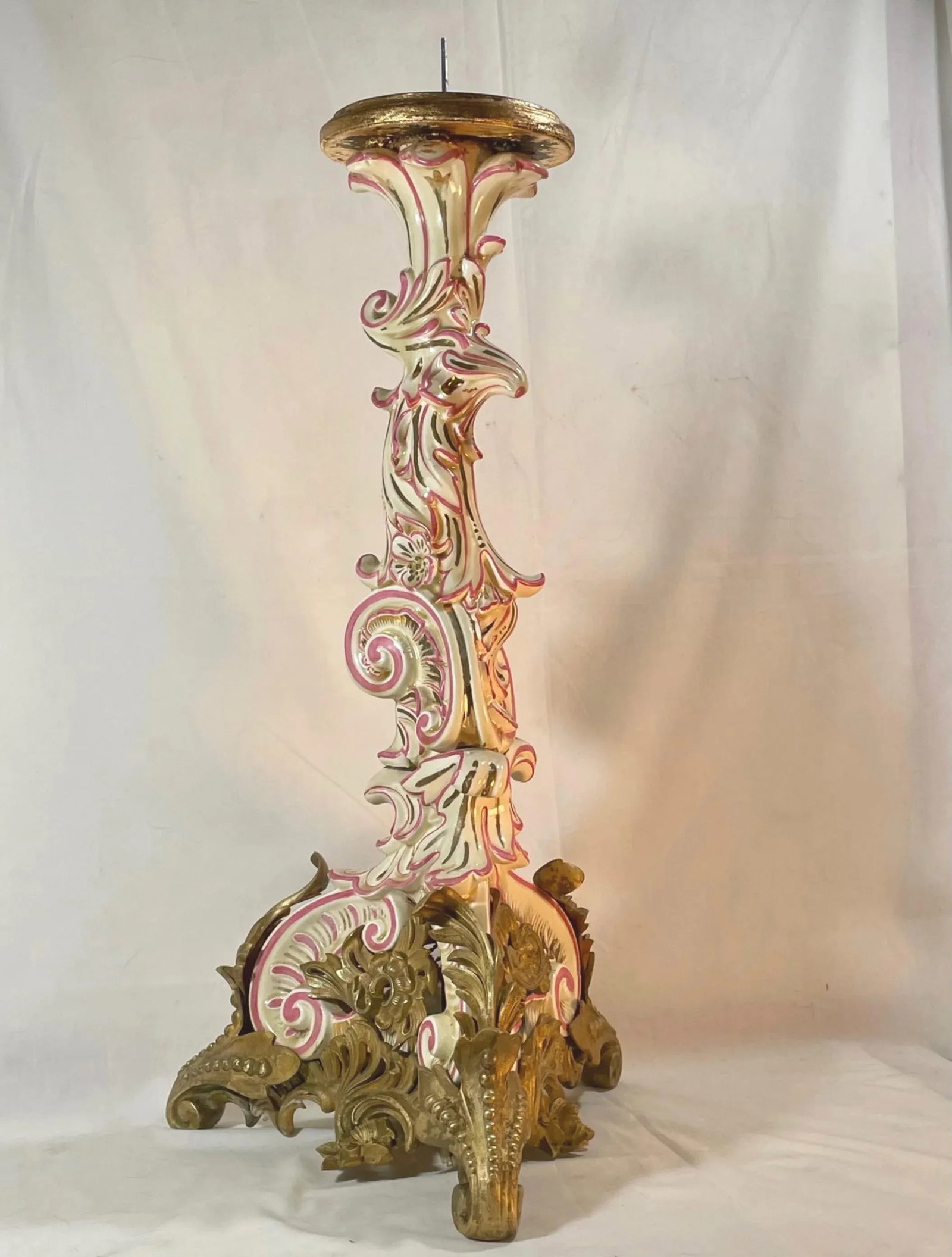 Large French Strasbourg 19th Century Faience Tall Floor Candle Holder With Ormolu - 2