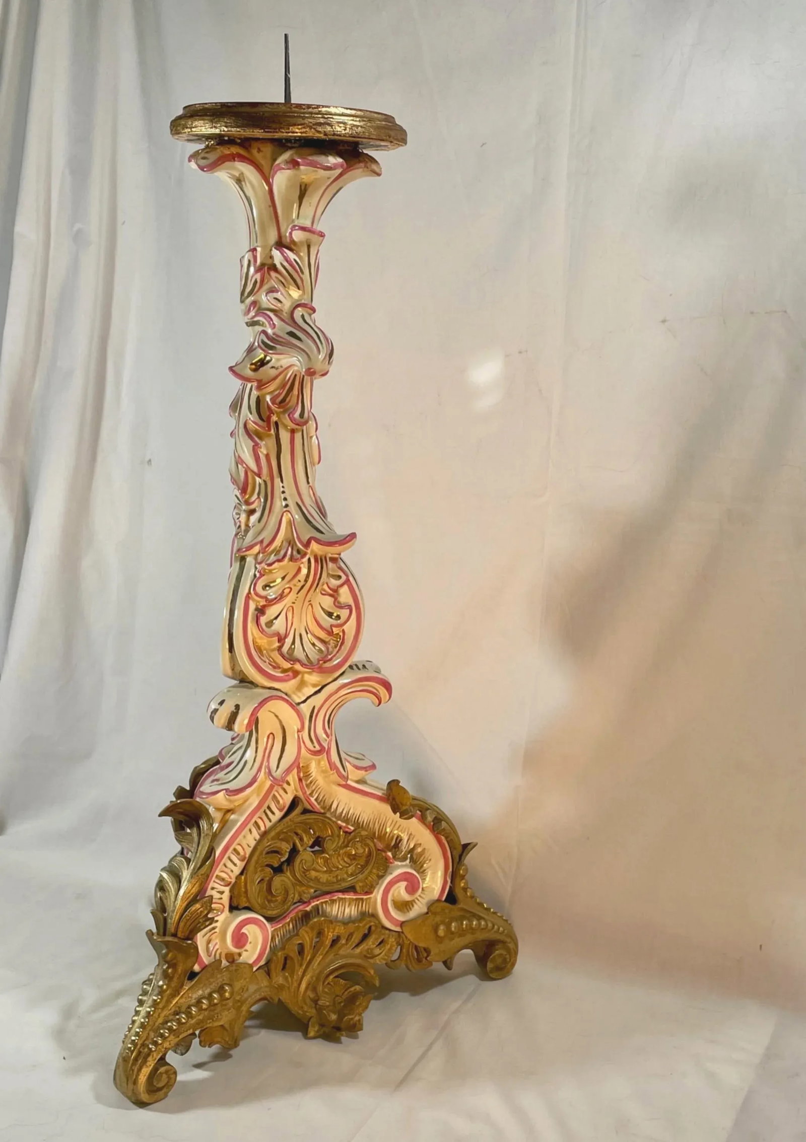Large French Strasbourg 19th Century Faience Tall Floor Candle Holder With Ormolu - 3
