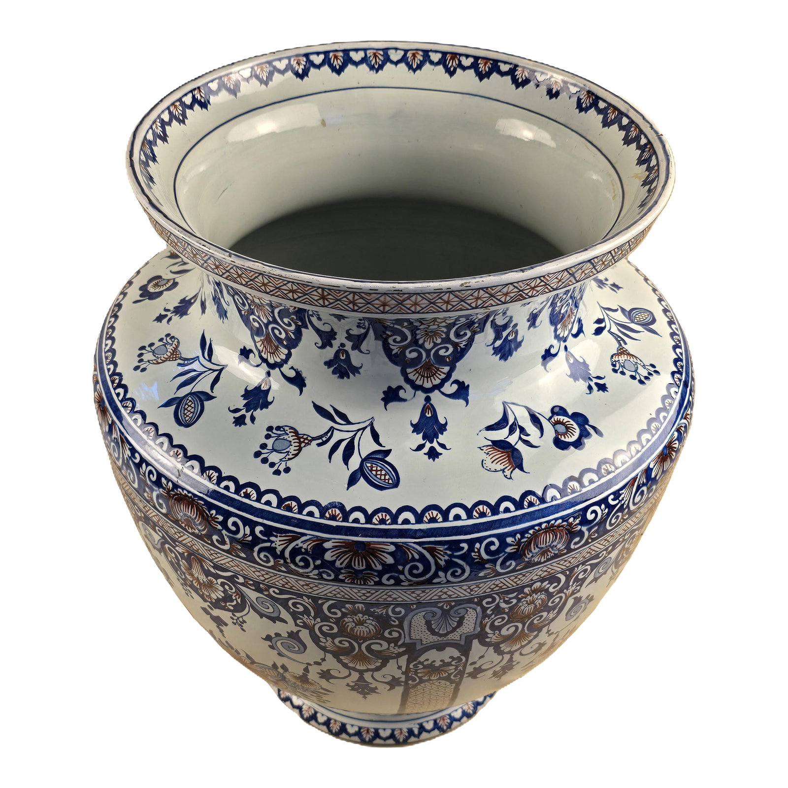Late 19th Century French Gien Faience Vase, Large: Large Gien (France) faience vase, late 19th century, blue printed tower and banner mark. Painted in blue and dark-red in the Rouen style, with arabesques, diaper pattern, floral swags and stylized fol