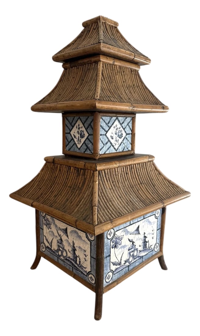 Bob Christian Signed Pagoda Chinoiserie Box: Tall rattan pagoda style Chinoiserie box. Five sections stacked on each other with compartments for storage. Pagoda style top and flared legs. Blue and white hand painted woven rattan sides with