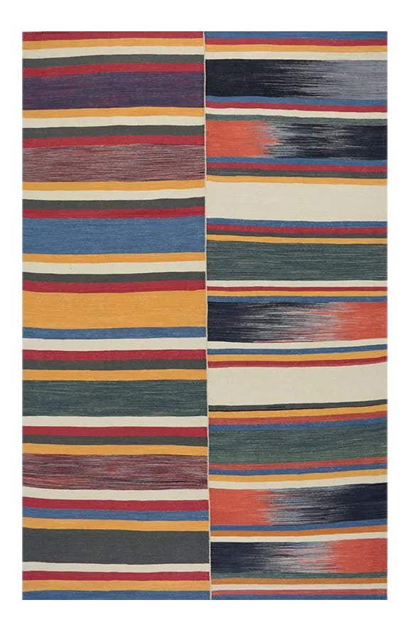 Handwoven Flatweave Stripe Pattern Scandinavian Style Kilim Rug 6'0" X 9'3": This remarkable contemporary Scandinavian Style Kilim area rug features a dramatic pop of electrifying colors in a playfully rich design. The innovative modern use of colors certainly brings a