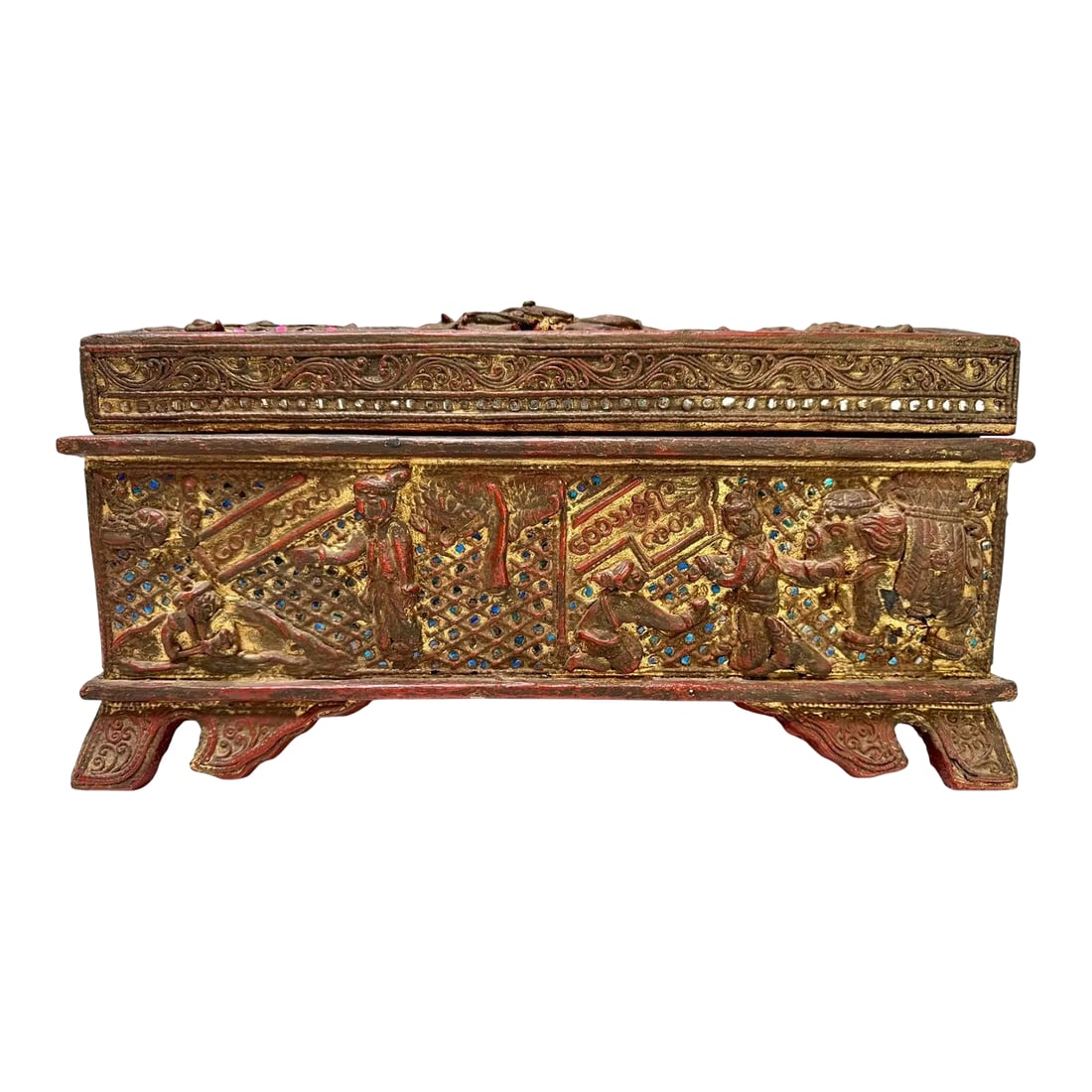 Late 19th Century Burmese Kammavaca Manuscript Chest - 14.5 In: Antique Burmese lacquer manuscript chest, likely Mandalay tradition, late 19th to early 20th century. Carved wood form with a removable, slightly arched lid and original fitted interior tray. The