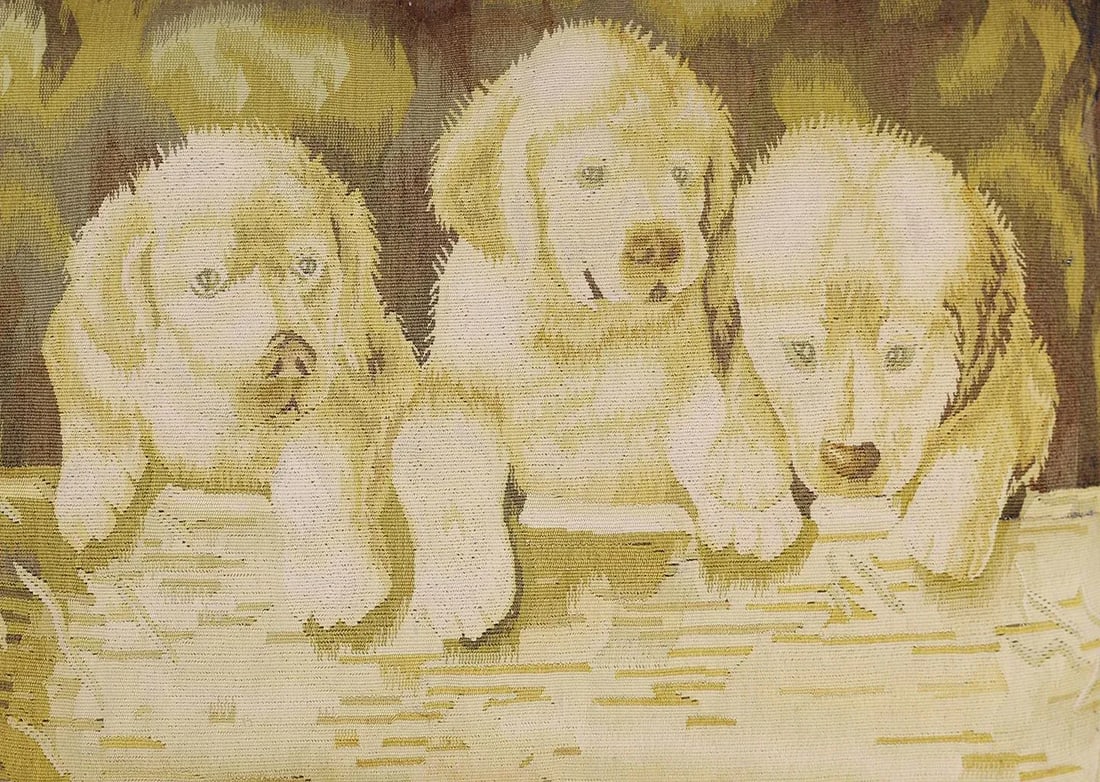2000s Hand Woven Silk End Pillow With Three Retriever Puppies - 2