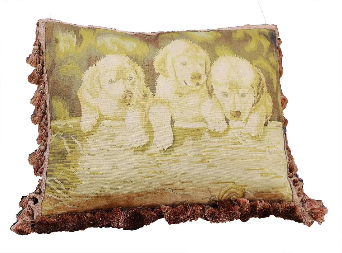 2000s Hand Woven Silk End Pillow With Three Retriever Puppies - 4