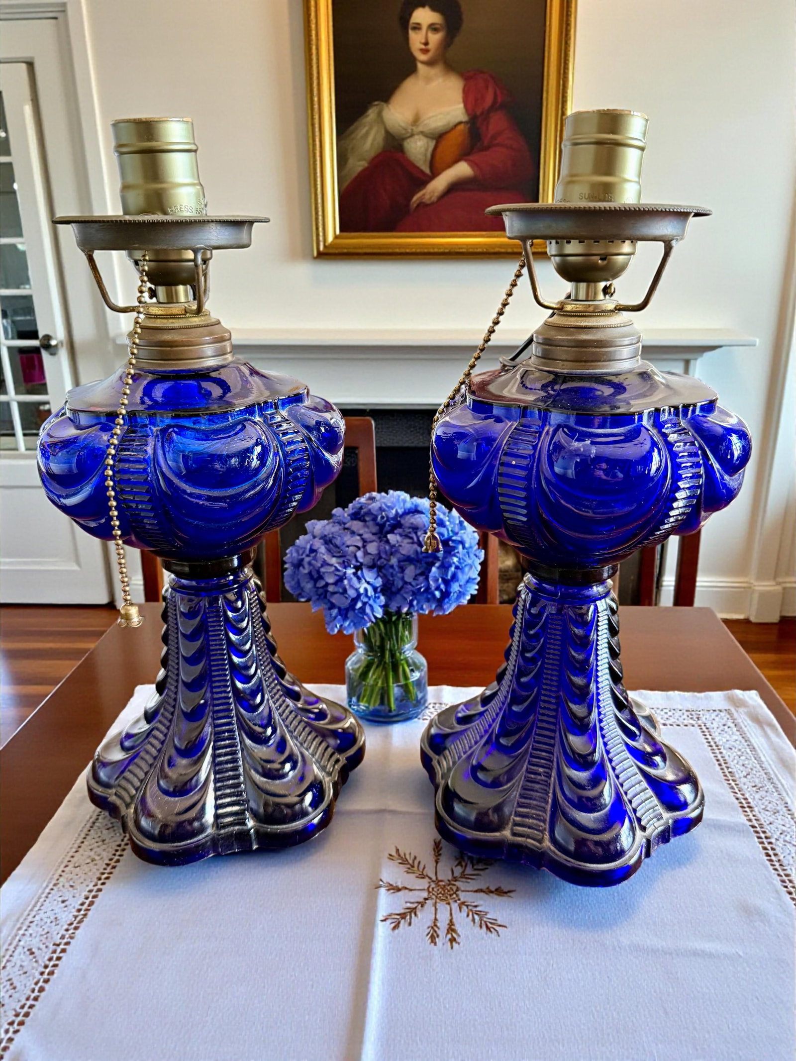 Late 19th Century Pair Cobalt Blue Coolidge Drape Oil Lamps-Converted Electric-Victorian Table - 2
