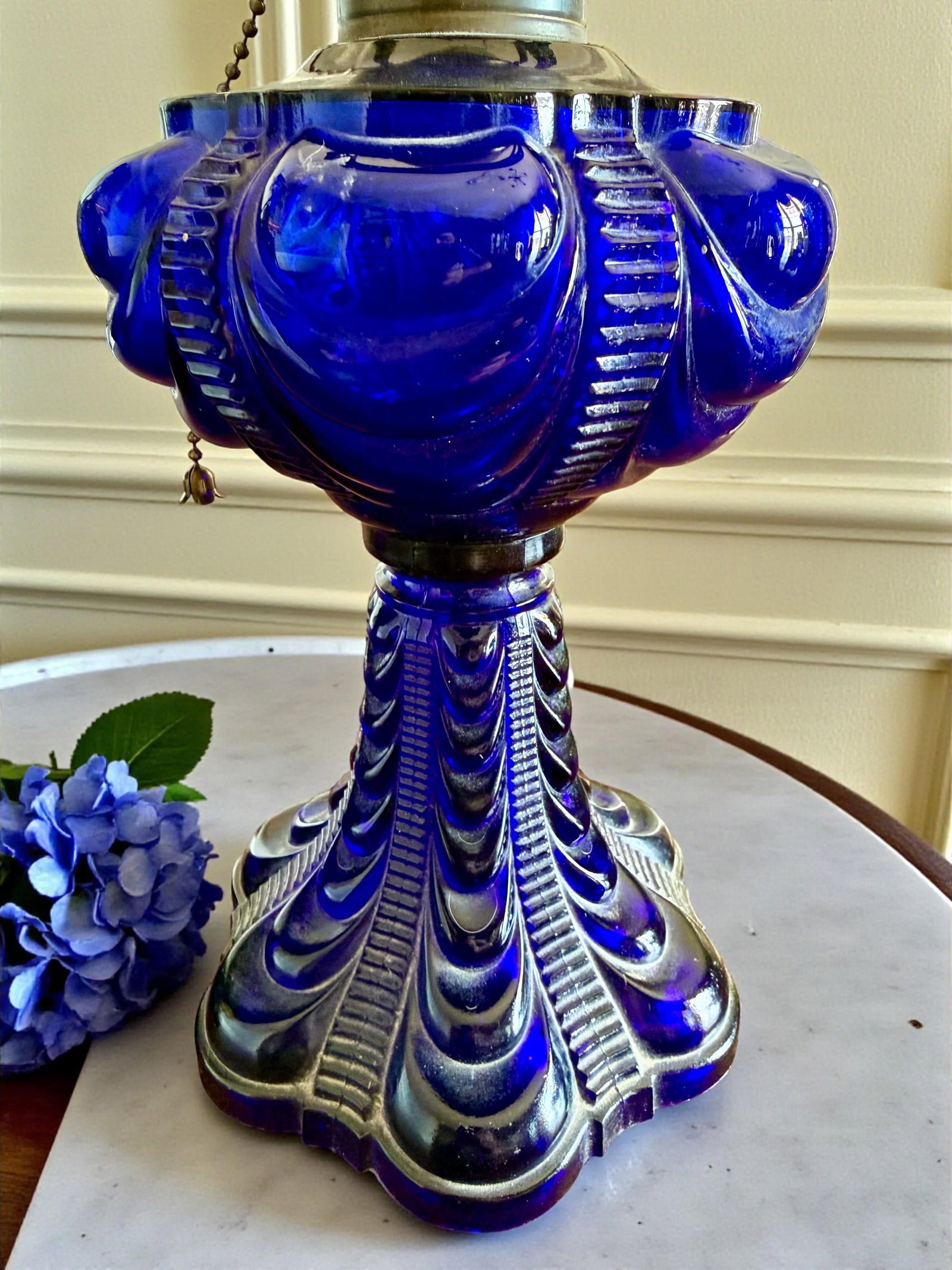Late 19th Century Pair Cobalt Blue Coolidge Drape Oil Lamps-Converted Electric-Victorian Table - 3