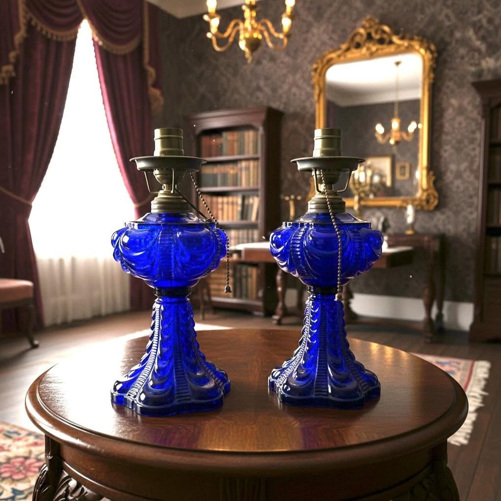 Late 19th Century Pair Cobalt Blue Coolidge Drape Oil Lamps-Converted Electric-Victorian Table - 4