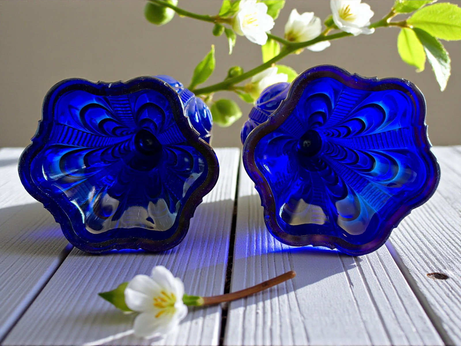 Late 19th Century Pair Cobalt Blue Coolidge Drape Oil Lamps-Converted Electric-Victorian Table - 5