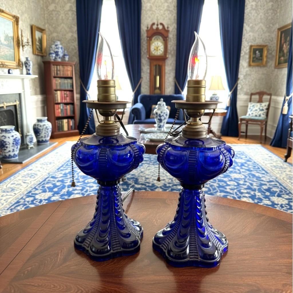 Late 19th Century Pair Cobalt Blue Coolidge Drape Oil Lamps-Converted Electric-Victorian Table - 7