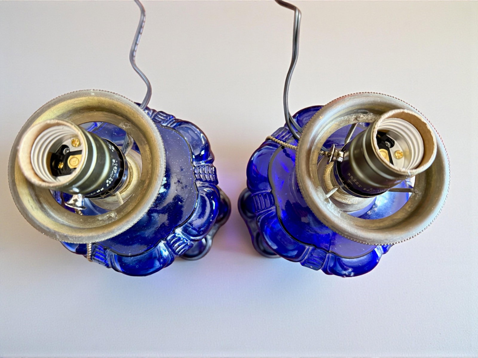 Late 19th Century Pair Cobalt Blue Coolidge Drape Oil Lamps-Converted Electric-Victorian Table - 8