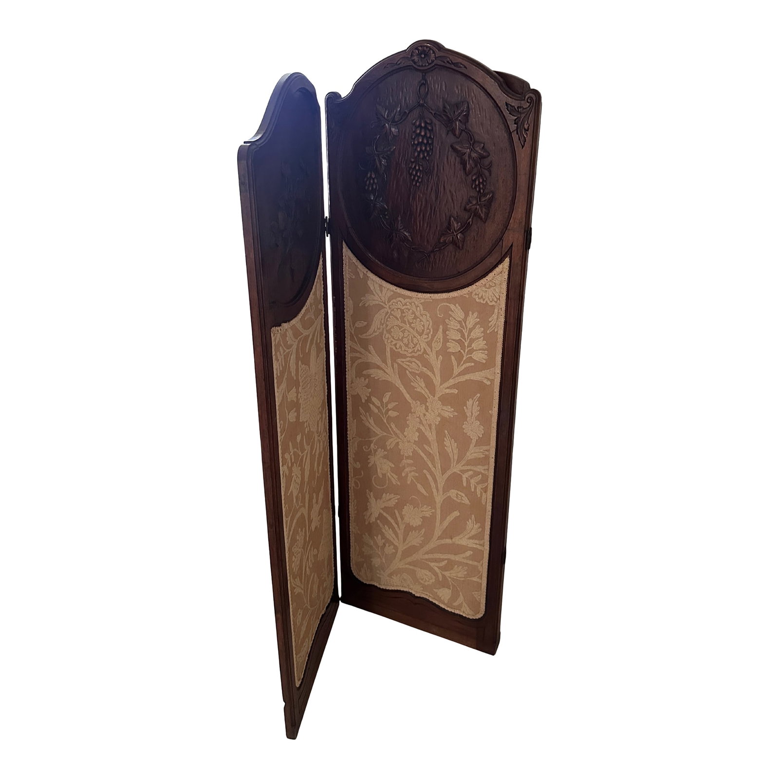 Antique French Carved Wood Two-Panel Folding Screen: Elegant French two-panel folding screen featuring a carved wood frame with decorative grape and foliate detailing. Upholstered fabric panels with a classic floral pattern in crewel embroidered , makin