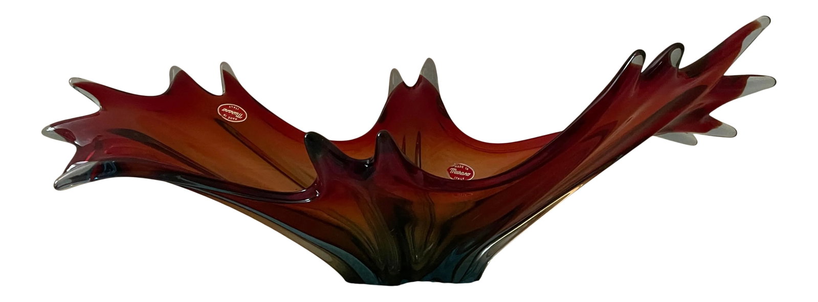 1960s Primary Colors Murano Centerpiece Bowl: This is a very large, colorful and dramatic piece of Murano glass in perfect condition with two "Murano Made in Italy" stickers. The bottom is a sky blue changing to yellow and orange before it become