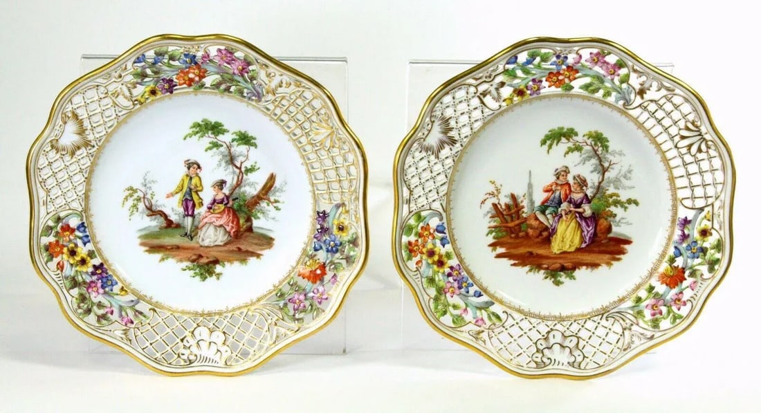 1820's Porcelain Plates Coalport Romantic Scenes Reticulated With Encrusted Flowers - a Pair - 13