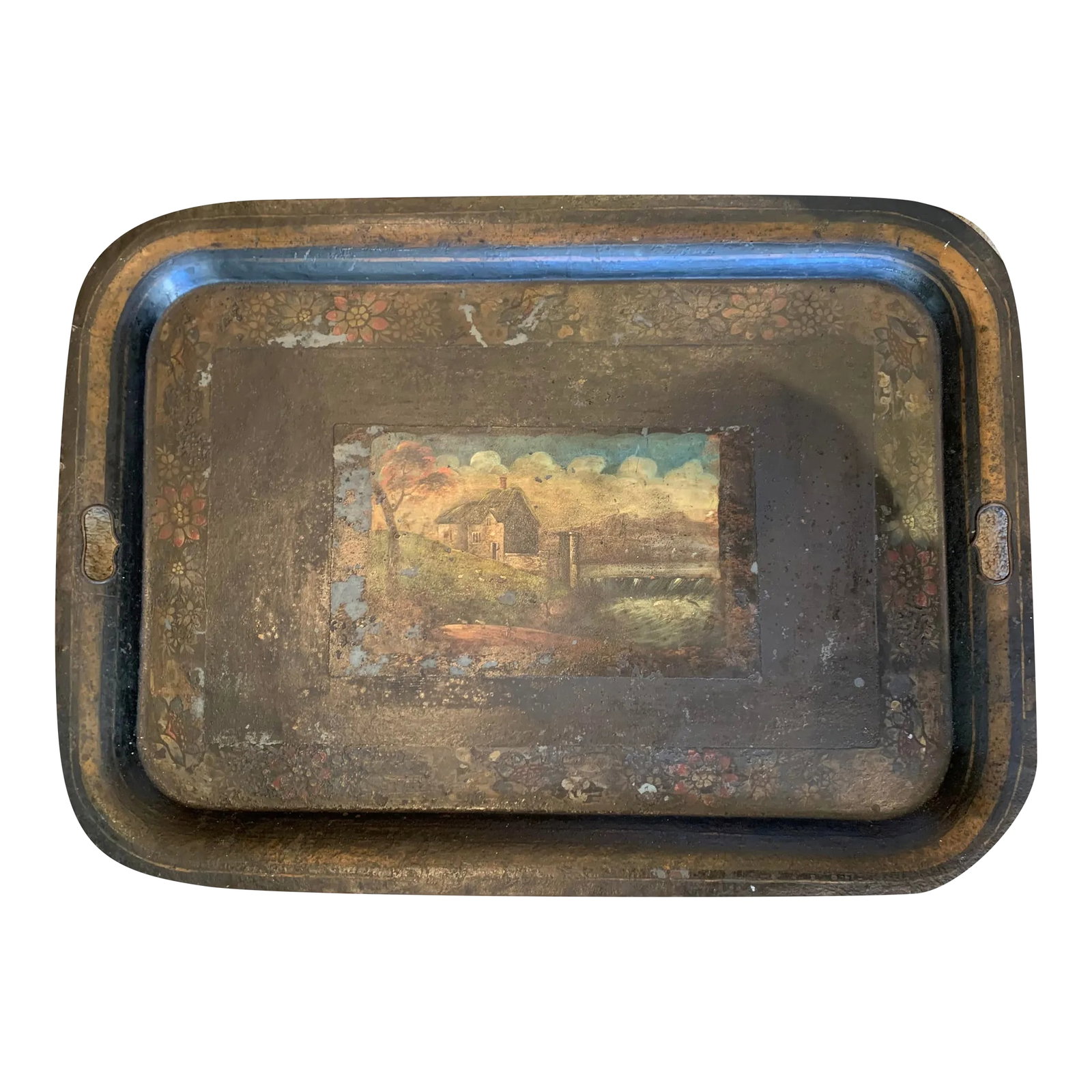Late 19th Century Antique English Chinoiserie Metal Tray: Antique English Chinoiserie Metal Tray with hand painted scene of a farmhouse on a scenic hillside. Condition: Alterations: Original Condition Unaltered Imperfections: Some Imperfections Condition