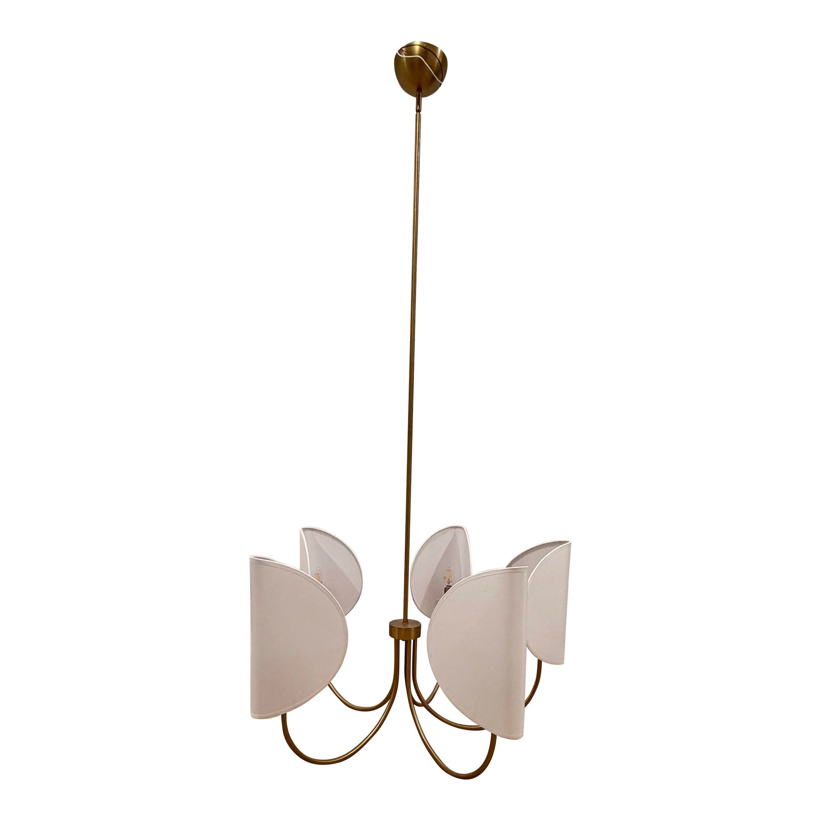 Contemporary 5 Light Chandelier With White Shades: Elegant chandelier with white shades. Five light chandelier, less than one year old, perfect condition. Already removed from ceiling and ready for pickup. Bulbs included. Dimensions: 61.5 inches tall