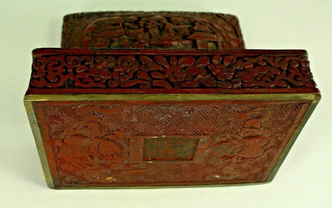 1800s Chinese Carved Domestic Scene Motif Dark Red Cinnabar Box - 11