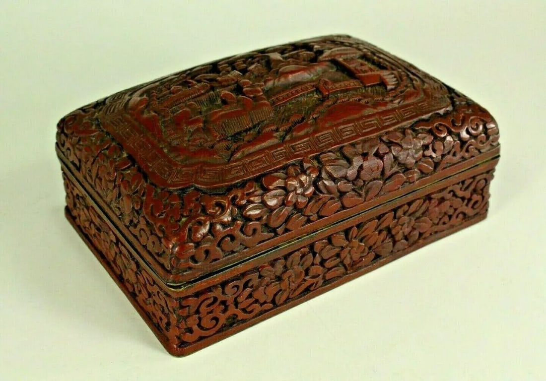 1800s Chinese Carved Domestic Scene Motif Dark Red Cinnabar Box - 13
