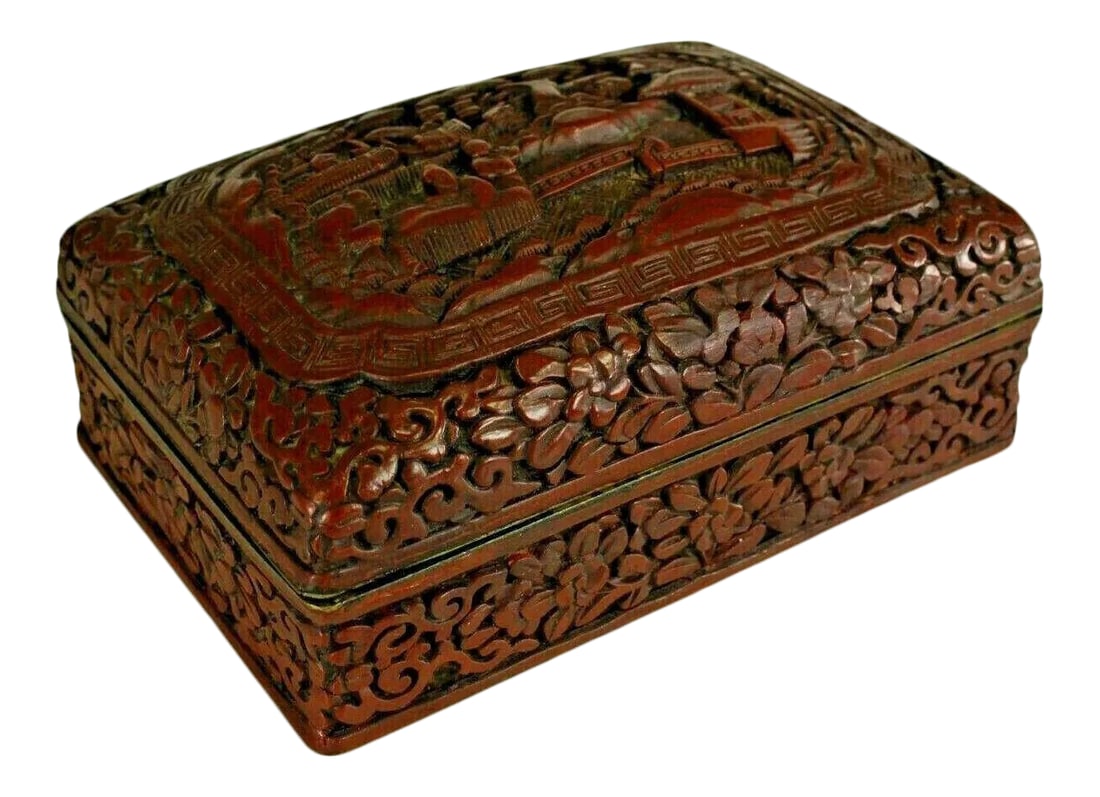 1800s Chinese Carved Domestic Scene Motif Dark Red Cinnabar Box (1 of 13)