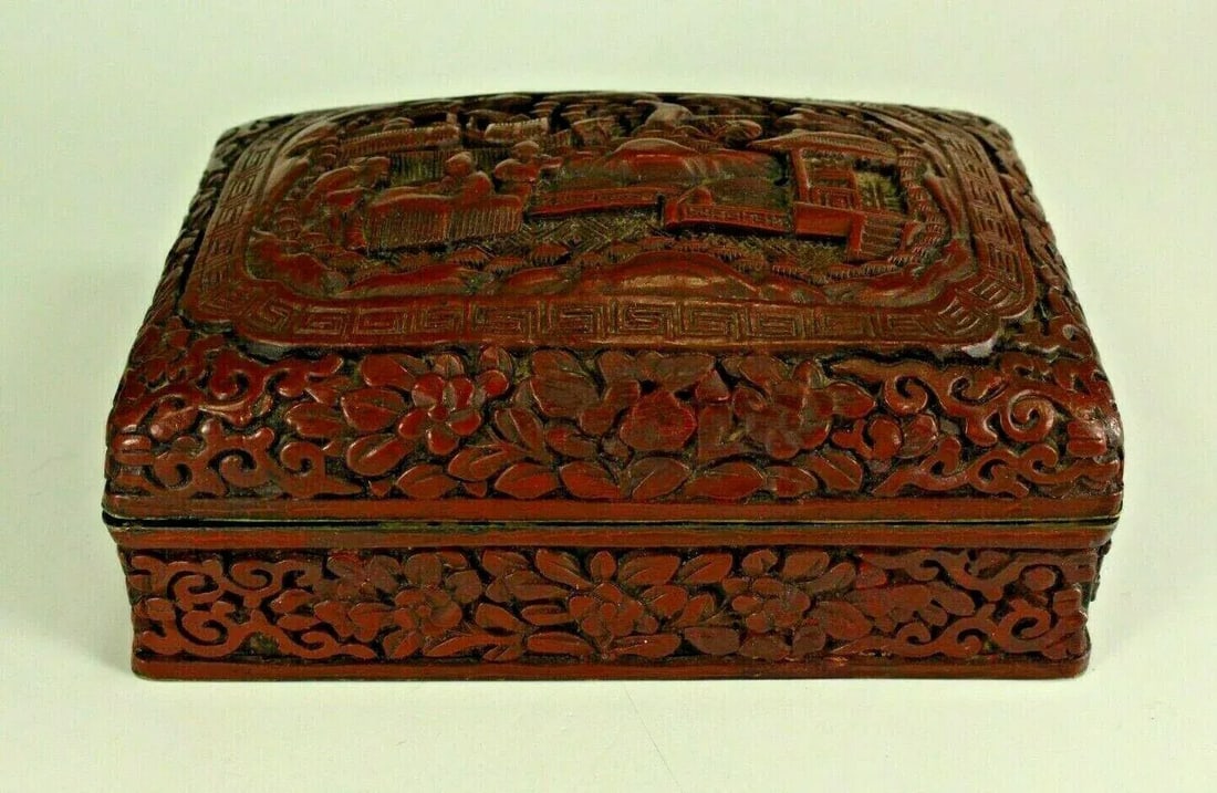 1800s Chinese Carved Domestic Scene Motif Dark Red Cinnabar Box - 2
