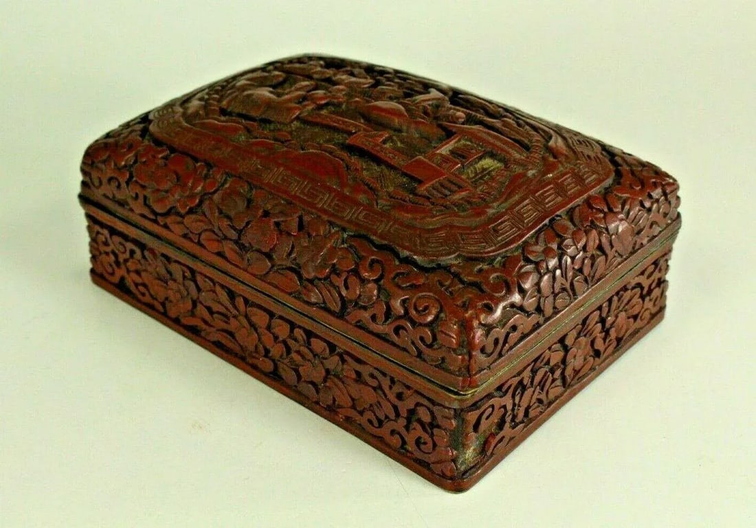 1800s Chinese Carved Domestic Scene Motif Dark Red Cinnabar Box - 3