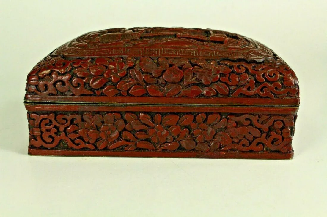 1800s Chinese Carved Domestic Scene Motif Dark Red Cinnabar Box - 4