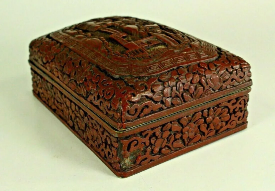 1800s Chinese Carved Domestic Scene Motif Dark Red Cinnabar Box - 5