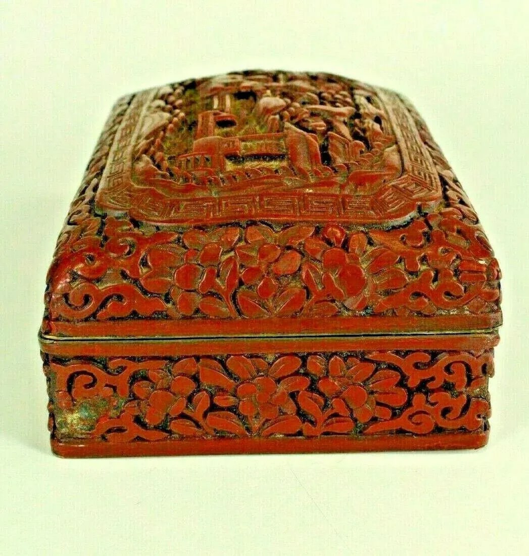 1800s Chinese Carved Domestic Scene Motif Dark Red Cinnabar Box - 6