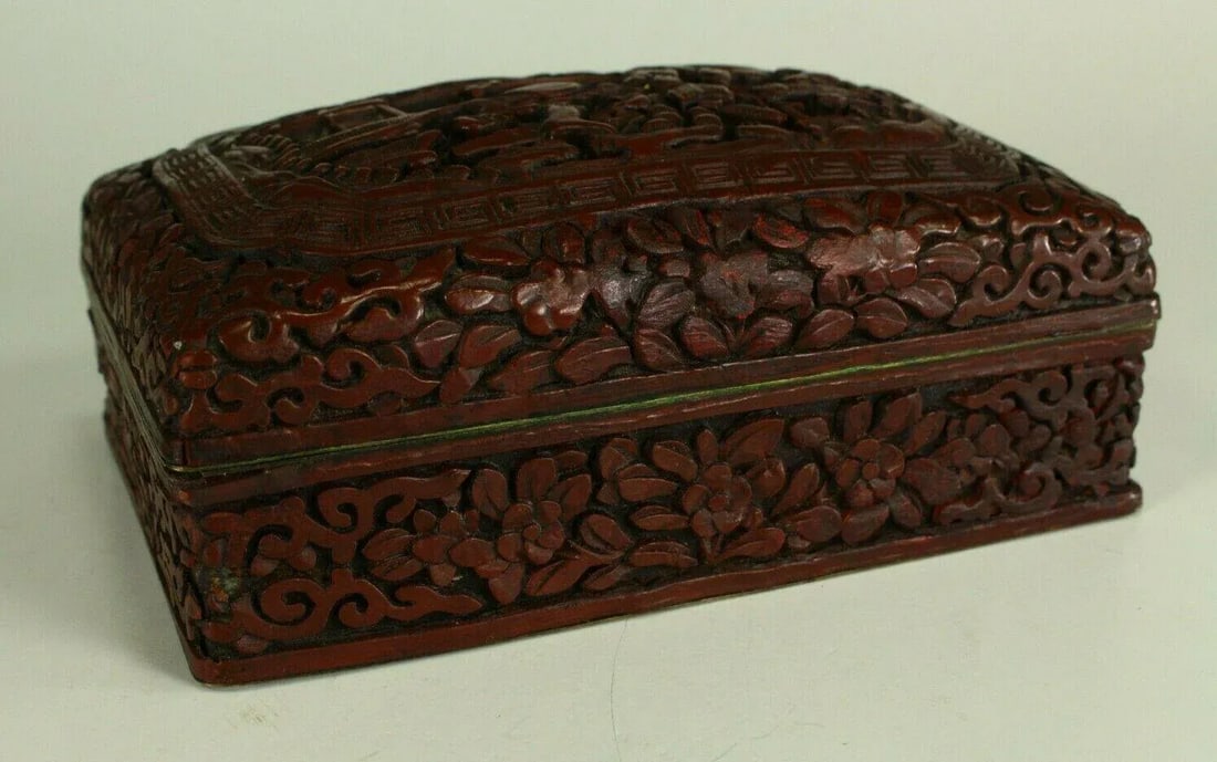 1800s Chinese Carved Domestic Scene Motif Dark Red Cinnabar Box - 7