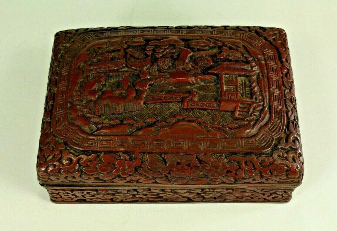 1800s Chinese Carved Domestic Scene Motif Dark Red Cinnabar Box - 8
