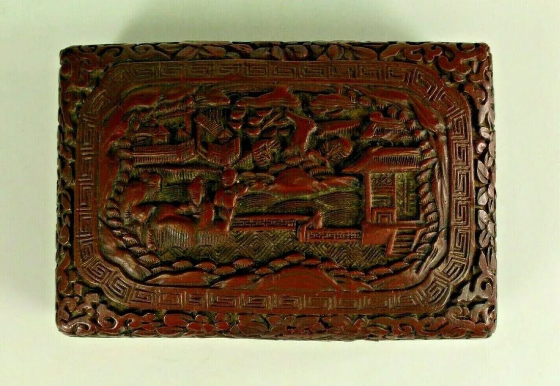 1800s Chinese Carved Domestic Scene Motif Dark Red Cinnabar Box - 9