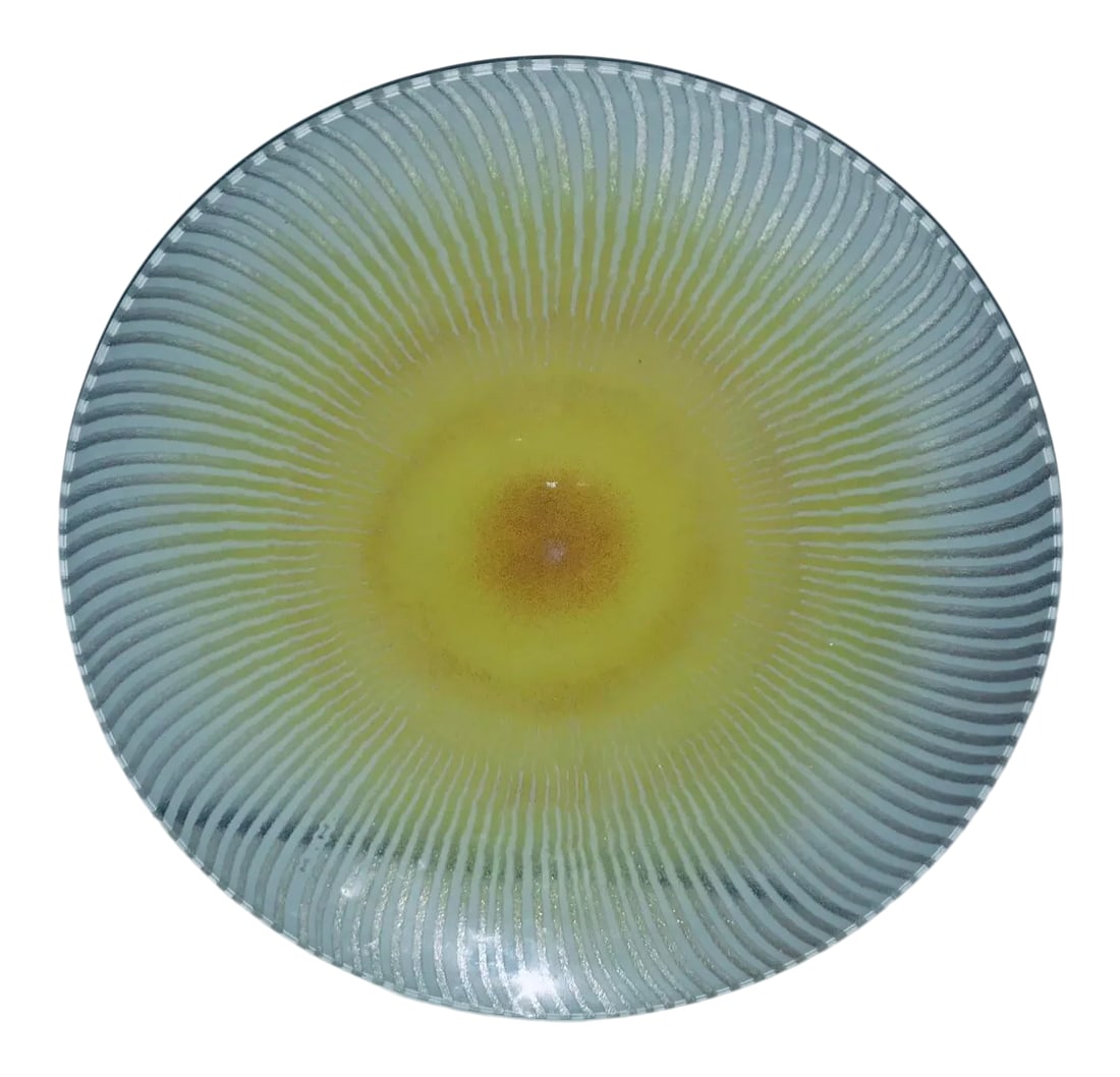 1960s Large Maurice Heaton Art Glass Signed Plate: New Large Maurice Heaton Art Glass Plate Swiss-American glass artist Maurice Heaton (1900-1989) Modernist glass artist 13 1/2" circumference 1 3/4" high Base is 7" diameter Enamel fused arg glass